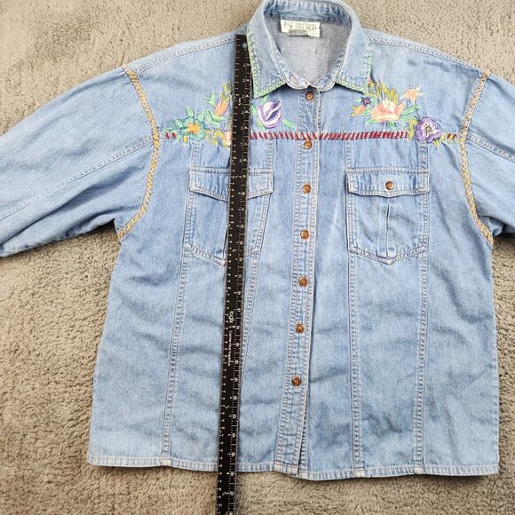 Vintage Denim Shirt Women’s Large Long Sleeves Button Front Floral Embroidered - Picture 5 of 11